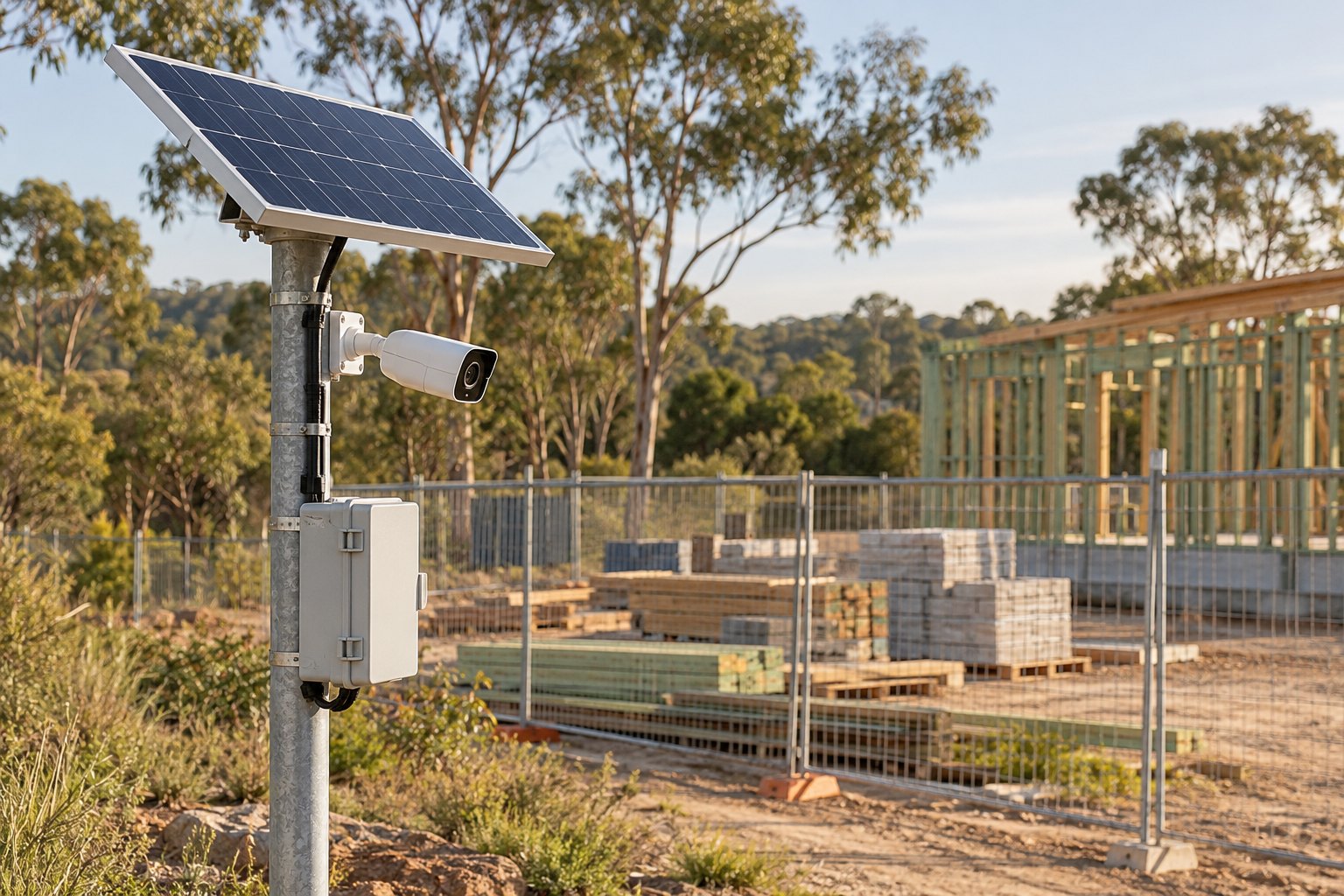 Illustrative solar CCTV camera overlooking a temporary building site