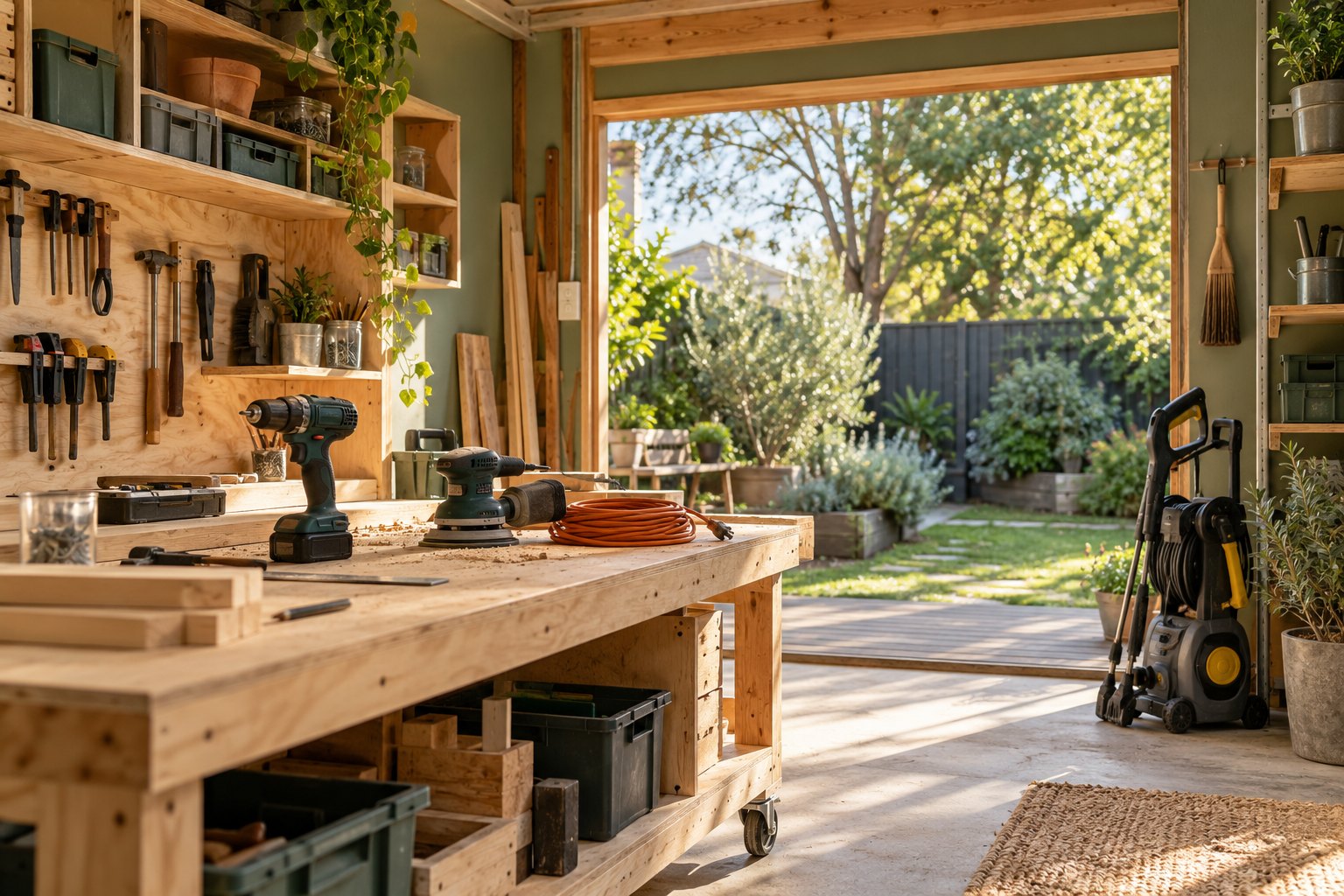 An organised timber workshop with tools and a pressure cleaner beside a leafy Australian garden